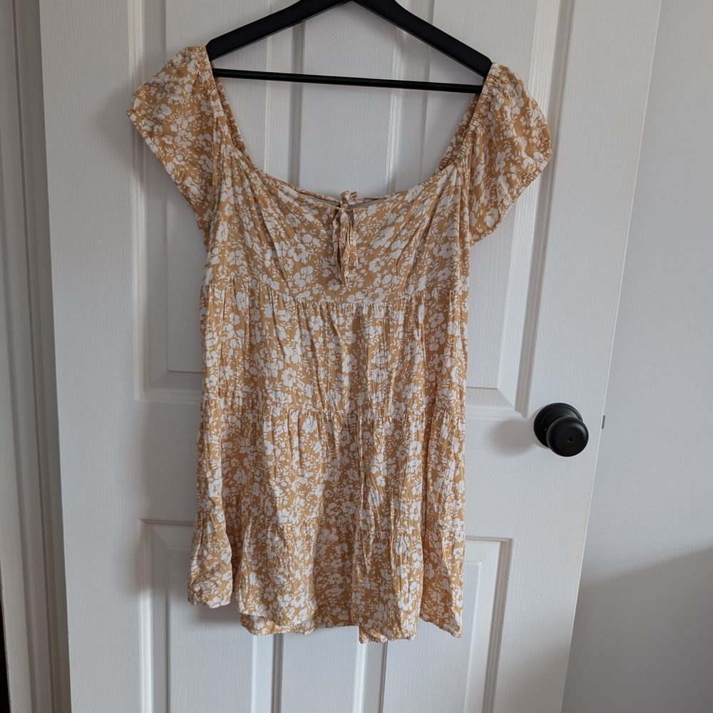 Aeropostale Women's Mustard Yellow Floral Scoop-Neck Mini Dress